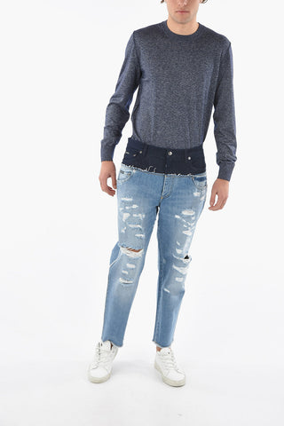 DENIM Distressed Cropped Jeans with Double Denim Detailing