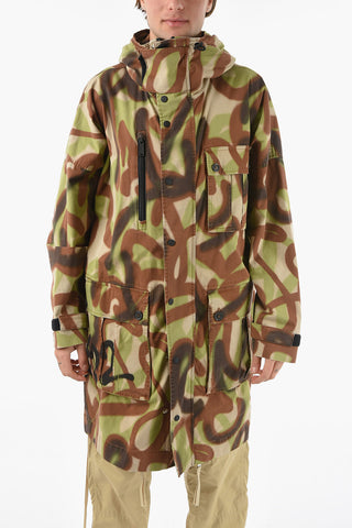 Parka Coat with Camouflage Pattern and Stand-up Collar