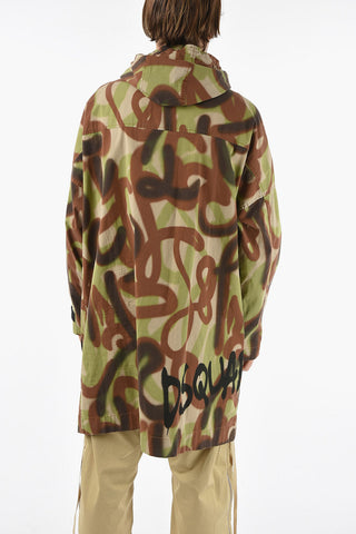 Parka Coat with Camouflage Pattern and Stand-up Collar