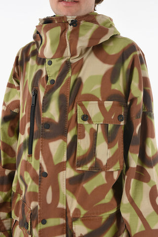 Parka Coat with Camouflage Pattern and Stand-up Collar