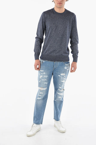 Maglia Girocollo in Cashmere e Seta con Orli a Costine