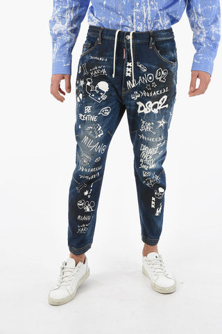 Jeans COMBAT Distressed con Coulisse e in Stampa Graffiti 14cm