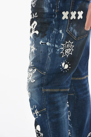 Jeans COMBAT Distressed con Coulisse e in Stampa Graffiti 14cm
