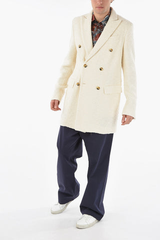 Tweed Halflined Double Breasted Coat with Peak Lapel