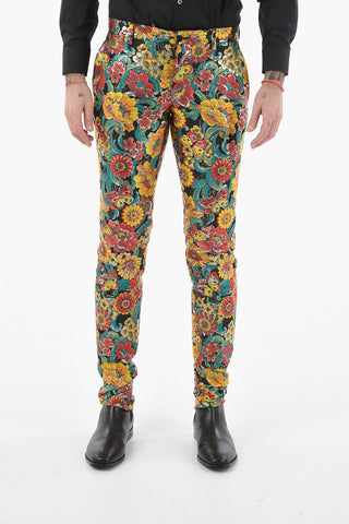Tailored Jacquard-lurex Pants with Floral Motif
