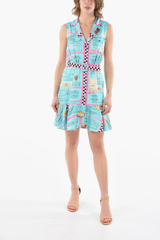 COUTURE! Vestito Smanicato in Satin di Seta con Stampa MENU DINER