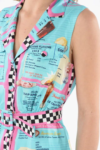 COUTURE! Vestito Smanicato in Satin di Seta con Stampa MENU DINER