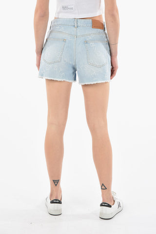 Five Pocket Shorts with Distressed Logo Print