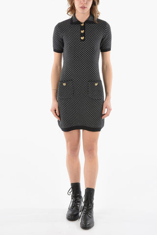COUTURE! Virgin-wool Short-sleeved Bodycon Dress with Gold-toned TEDDY BEAR detailing