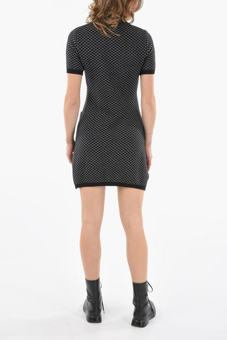 COUTURE! Virgin-wool Short-sleeved Bodycon Dress with Gold-toned TEDDY BEAR detailing