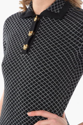 COUTURE! Virgin-wool Short-sleeved Bodycon Dress with Gold-toned TEDDY BEAR detailing