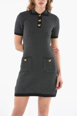 COUTURE! Virgin-wool Short-sleeved Bodycon Dress with Gold-toned TEDDY BEAR detailing