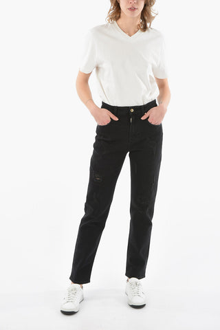 Jeans Boyfriend fit in Denim Stretch con Dettagli Distress 18cm