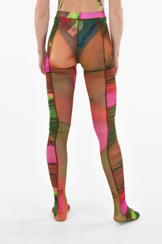 Watercolor Printed HETE Sheer Leggings with Rouches