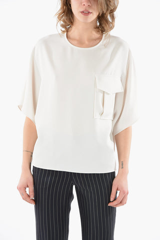 Round Neck Long Blouse with Flap Pocket