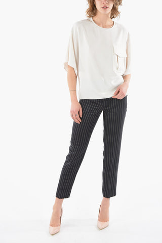 Round Neck Long Blouse with Flap Pocket