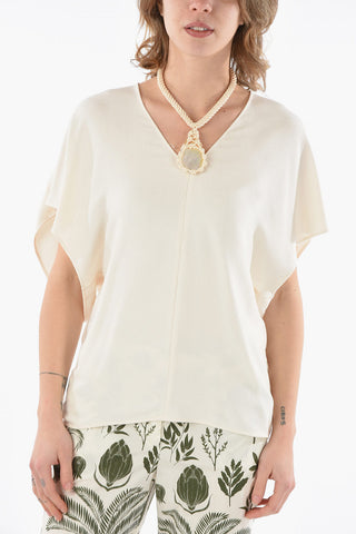 Textured-silk Caftan-inspired Top with Mother-of-pearls Necklace in Macramé