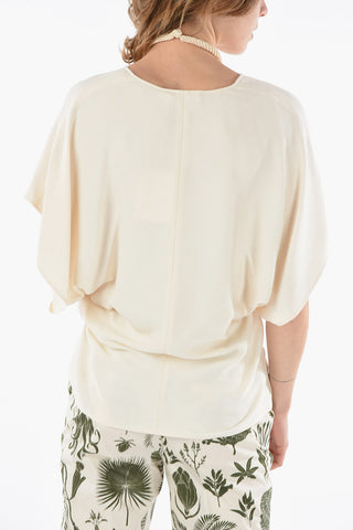 Textured-silk Caftan-inspired Top with Mother-of-pearls Necklace in Macramé