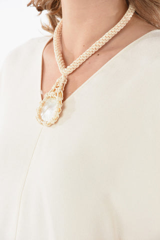 Textured-silk Caftan-inspired Top with Mother-of-pearls Necklace in Macramé
