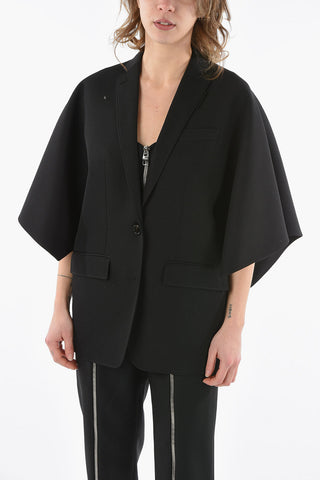 Blazer Monopetto in Lana Grain de Poudre con Maniche Corte e Mantella