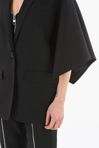 Blazer Monopetto in Lana Grain de Poudre con Maniche Corte e Mantella