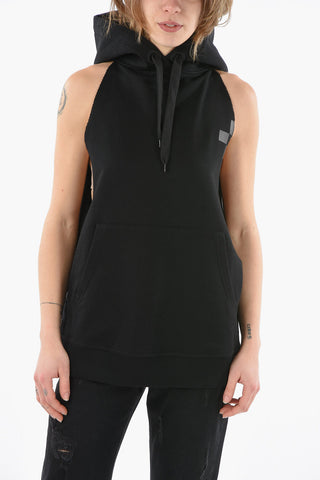 Logo-printed Sleeveless Hoodie with Side Buttons