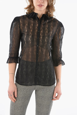Camicia in Pizzo con Collo Ruffle e Maniche 3/4