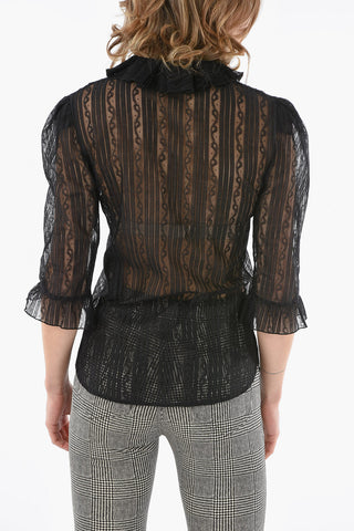 Camicia in Pizzo con Collo Ruffle e Maniche 3/4