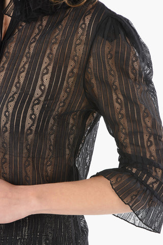 Camicia in Pizzo con Collo Ruffle e Maniche 3/4