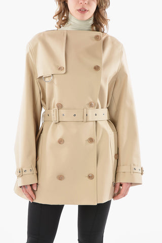 Cotton-gabardine Double-breasted Short Trench with Boat Neckline