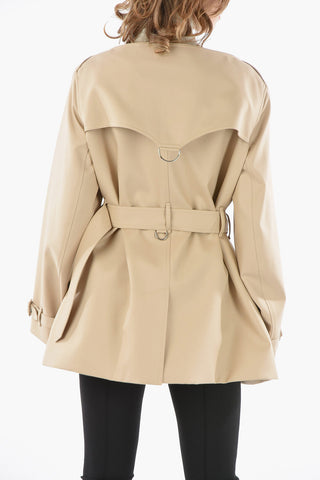 Cotton-gabardine Double-breasted Short Trench with Boat Neckline
