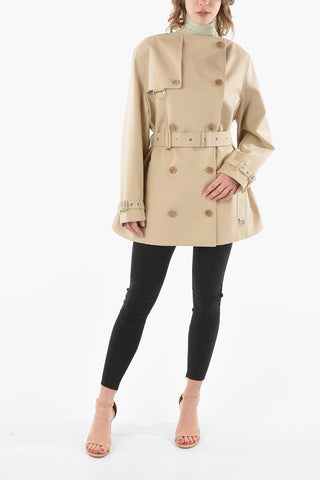 Cotton-gabardine Double-breasted Short Trench with Boat Neckline