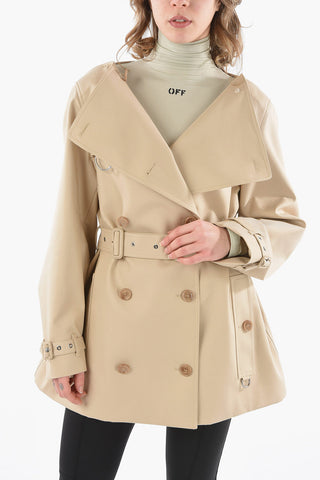 Cotton-gabardine Double-breasted Short Trench with Boat Neckline