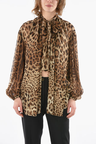 Tie Neck Animal Patterned Open Front Silk Shirt