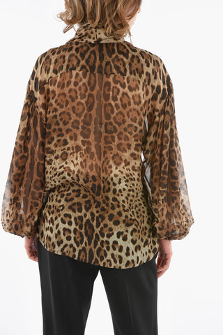 Tie Neck Animal Patterned Open Front Silk Shirt
