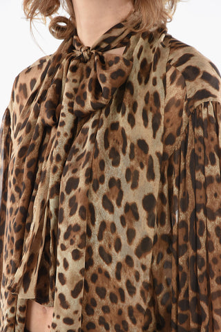 Tie Neck Animal Patterned Open Front Silk Shirt