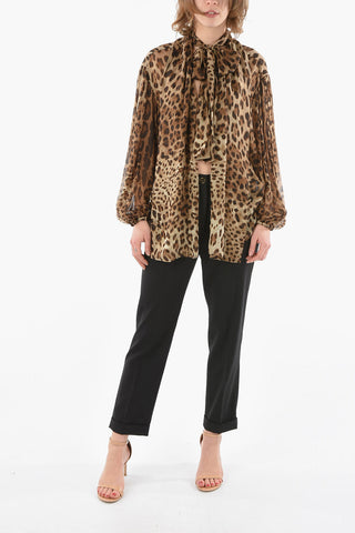 Tie Neck Animal Patterned Open Front Silk Shirt