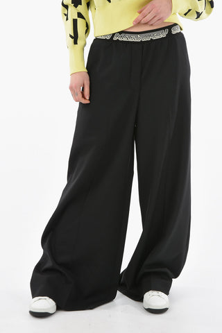 Pantaloni Palazzo in Lana con Elastico Logato in Vita