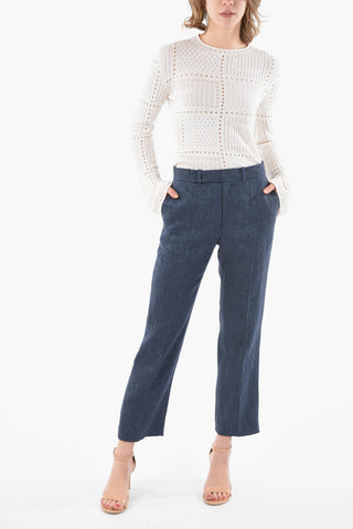 Linen-drill High-waisted Pants with Cropped Length