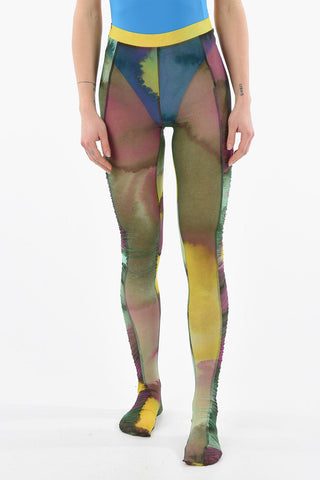 Watercolor Printed HETE Sheer Leggings with Rouches
