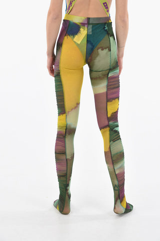 Watercolor Printed HETE Sheer Leggings with Rouches