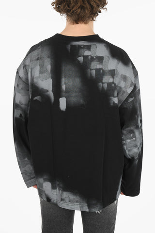Brushed-cotton Long-sleeved T-shirt with Coated Abstract Print