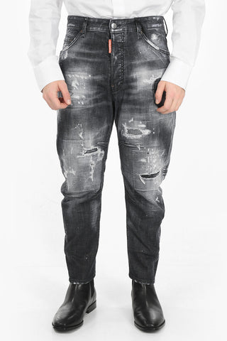 Jeans COMBAT Crop con Effetto Distressed e Patch Decorativi 17cm