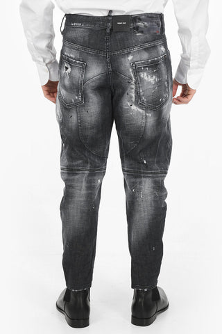 Jeans COMBAT Crop con Effetto Distressed e Patch Decorativi 17cm