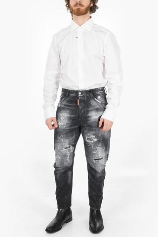 Jeans COMBAT Crop con Effetto Distressed e Patch Decorativi 17cm