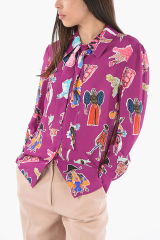 COUTURE! Crepe-viscose Tie-neck Shirt with Graphic Print