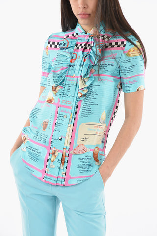COUTURE! Silk-printed LADIES WHO LUNCH Shortsleeved Shirt with Ruffles