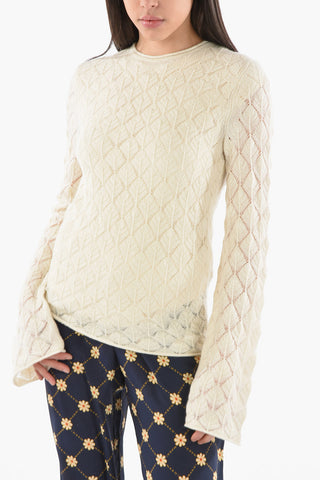Shell-stitched Cashmere Crewneck Sweater with Bell Sleeves