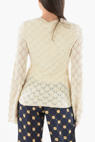 Shell-stitched Cashmere Crewneck Sweater with Bell Sleeves
