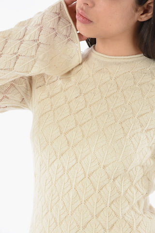 Shell-stitched Cashmere Crewneck Sweater with Bell Sleeves